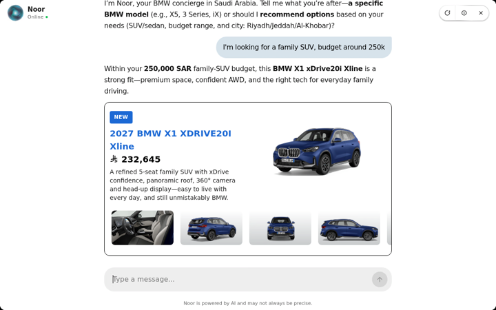 The Salesteq agent answering a live BMW inventory question